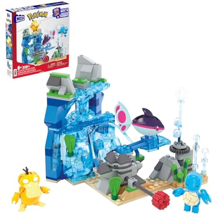 Mattel MEGA Pokémon Actionfigur-Bauspielzeug, Wasserabenteuer mit 319 Teilen und beweglichem Schiggy, Enton und Finneon, für Kinder, HXF79