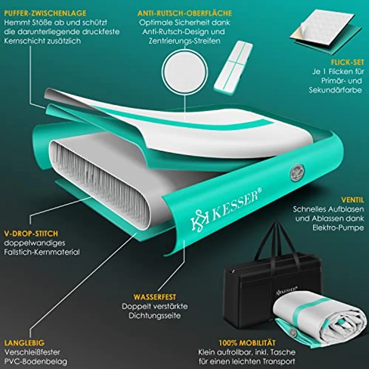 KESSER® Turnmatte Aufblasbar Airtrack Fitness-Matte Gymnastikmatte 3/4/5/6m | inkl. Tragetasche & elektr. Luftpumpe | Yogamatte, Tumbling Matten , Trainingsmatte Sportmatte Yoga, Turn- & Fitness 400 x 100 x 10 cm, Mint Grün – Bild 5