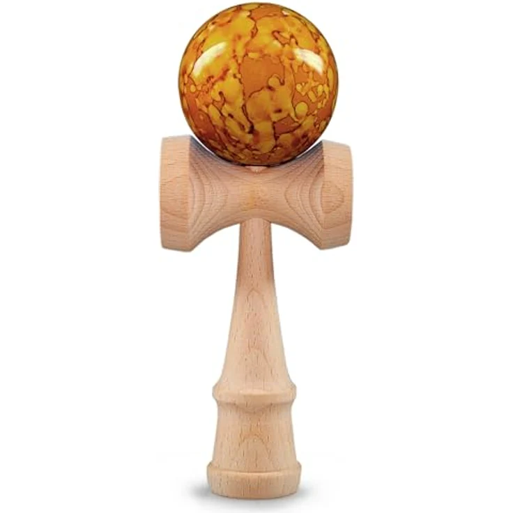 Ganzoo Kendama Yellow Magic, klassisches Geschicklichkeitsspiel aus Buchenholz mit Holzball, Nylonseil, ergonomischem Griff und 3 Auffangmulden, 16 cm – Bild 1