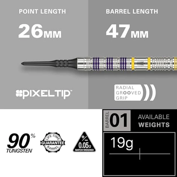 Target Darts Luke Littler Loadout Soft Tip Darts, 90% Tungsten, 19G, mit schwarzen Pixelspitzen, Pro Grip Schäften und Pro Ultra Nr. 2 Flügen, violett-gelb – Bild 3