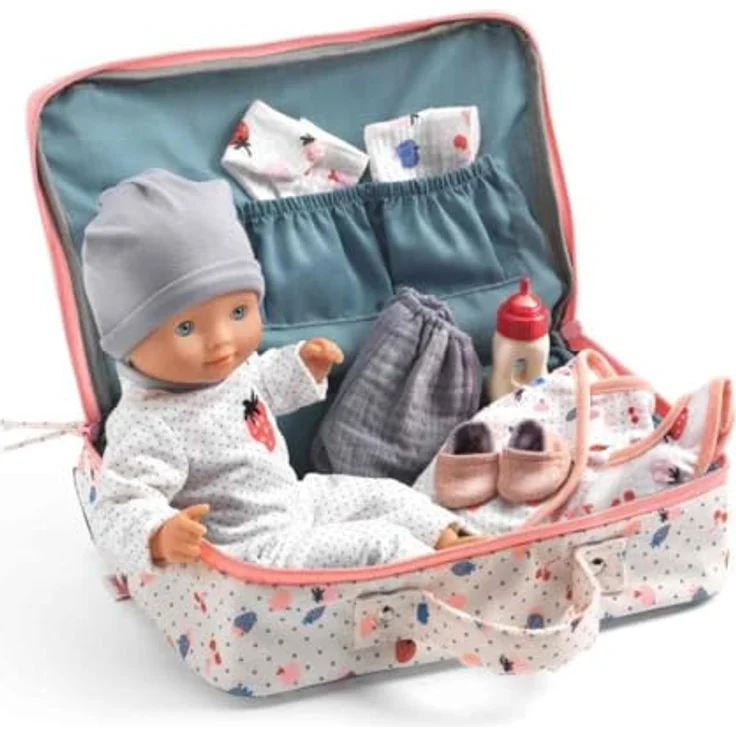 DJECO Pomea Babypuppe mit Koffer, 32 cm, Schlafaugen und umfangreichem Zubehör, für Kinder ab 18 Monaten – Bild 1