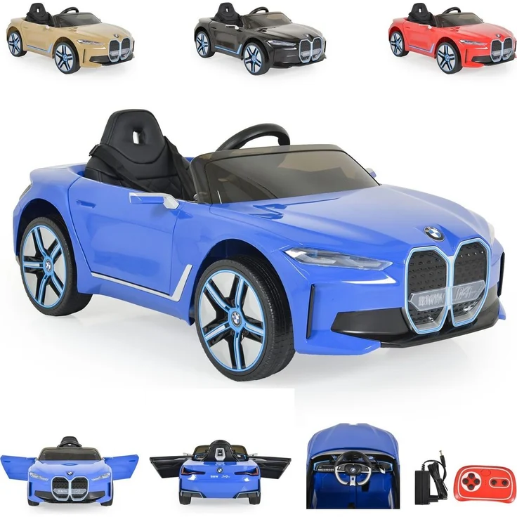 Moni Kinder Elektroauto BMW i4 MP3 EVA-Reifen Fernbedienung Lichter bis 30 kg blau, lizenziert von BMW, 2,4 GHz Fernbedienung, Scheinwerfer, Musikplayer