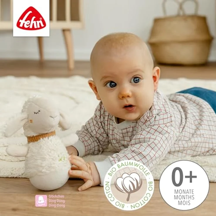Fehn fehnNATUR Schaf Mini-Stehauf, Greifling aus Biobaumwolle (kbA) mit Glöckchen, Ecru, für Babys ab 0 Monaten – Bild 3