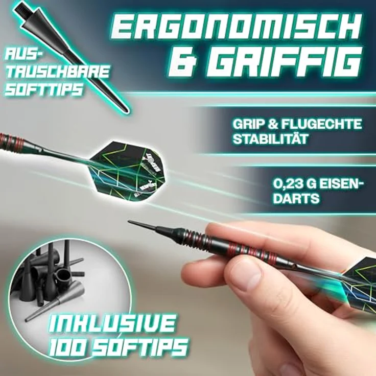 RE:SPORT® Dartscheibe Elektronisch Profi Set, E-Dartautomat für 1–8 Spieler mit 427 Varianten, 12 Softdarts, 24 Flights, LED Anzeige und umfangreichem Zubehör – Bild 3