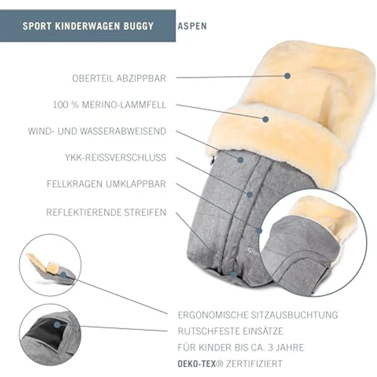 Fellhof Kinderwagen-Fellsack Aspen, Fußsack aus 100% Merino-Lammfell, wind- und wasserabweisend, beige-melange, Größe 50 x 98 cm – Bild 2
