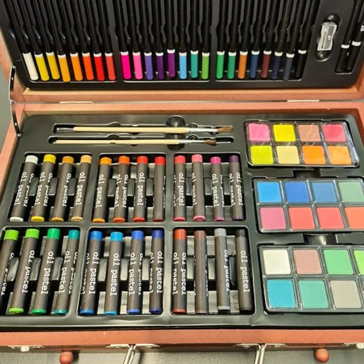 Redfink Kreativset Malset Malkoffer 130-teilig, Holz-Kofferset mit Acrylfarben, Ölfarben, Buntstiften und Malutensilien – Bild 9