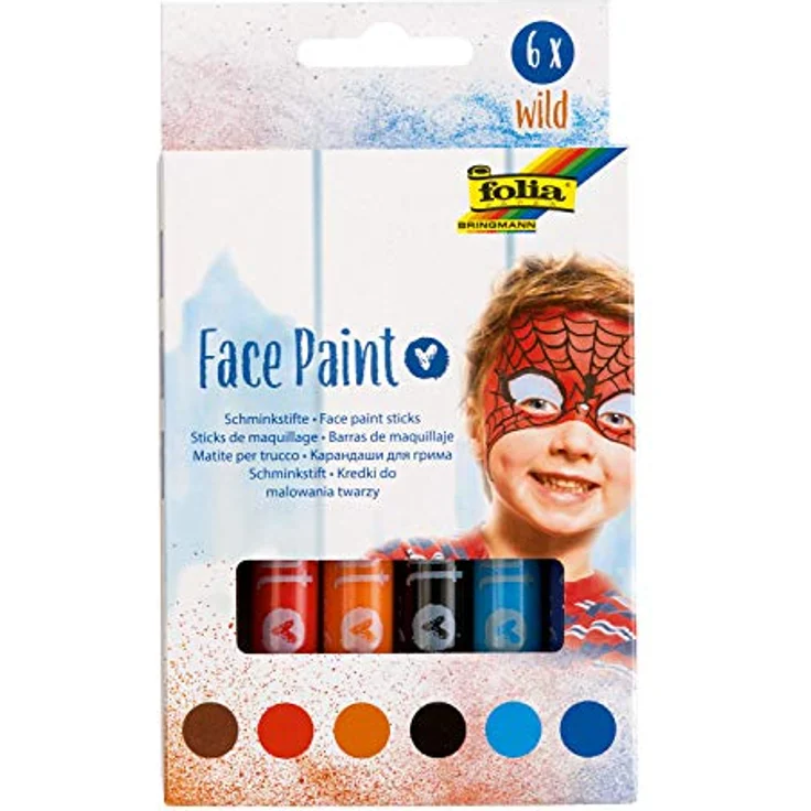 folia 380602 - Face Paint Schminkstifte Wild, 6 farbig sortierte Stifte für Kinder, dermatologisch getestet, wischfest, mit Wasser und Seife abwaschbar, ideal für Karneval, Fasching und Theater