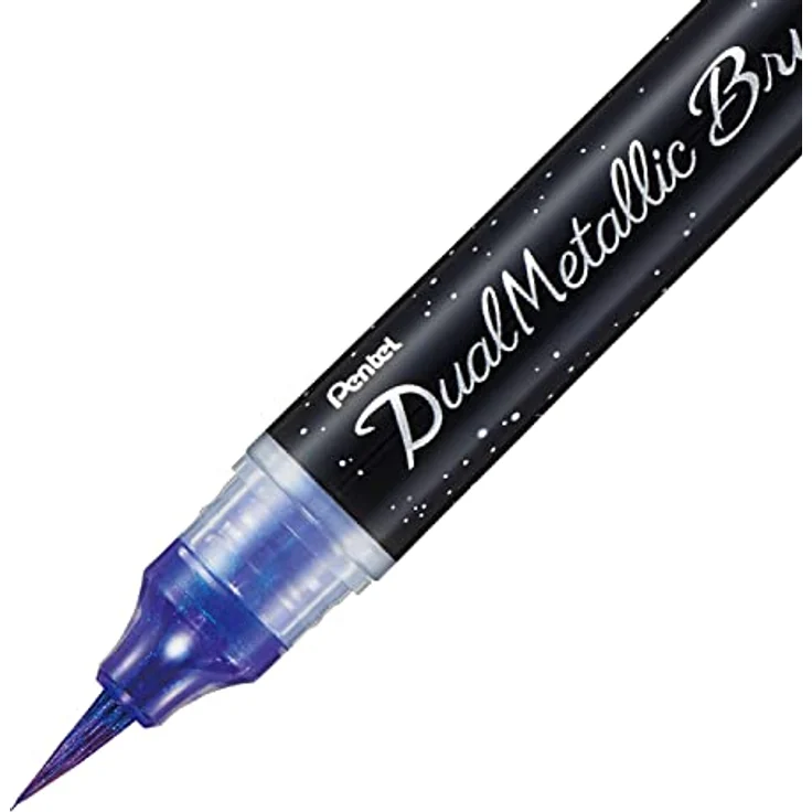 Pentel XGFH-DVX Dual Metallic Brush - Pinselstift gefüllt mit, je nach Papierfarbe, changierender Glitzertinte, Nylonfasern, feiner bis breiter Strich, violett/metallic-blau, 1 Stück auf Blisterkarte – Bild 3