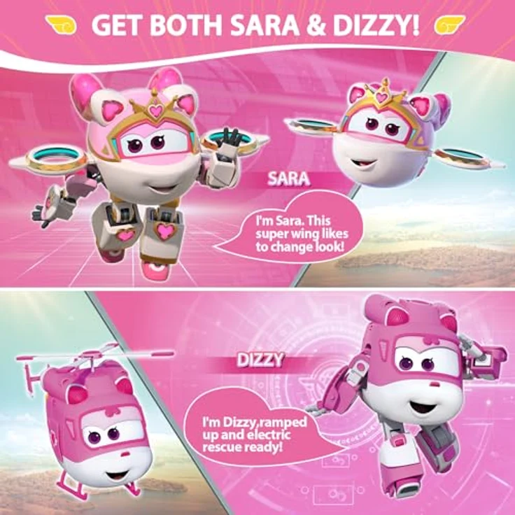 Super Wings Sara & Dizzy, 2-in-1 verwandelbares Spielzeug-Set, 12,7 cm große Actionfiguren, Roboter- und Flugzeugmodus für Kinder ab 3 Jahren – Bild 2