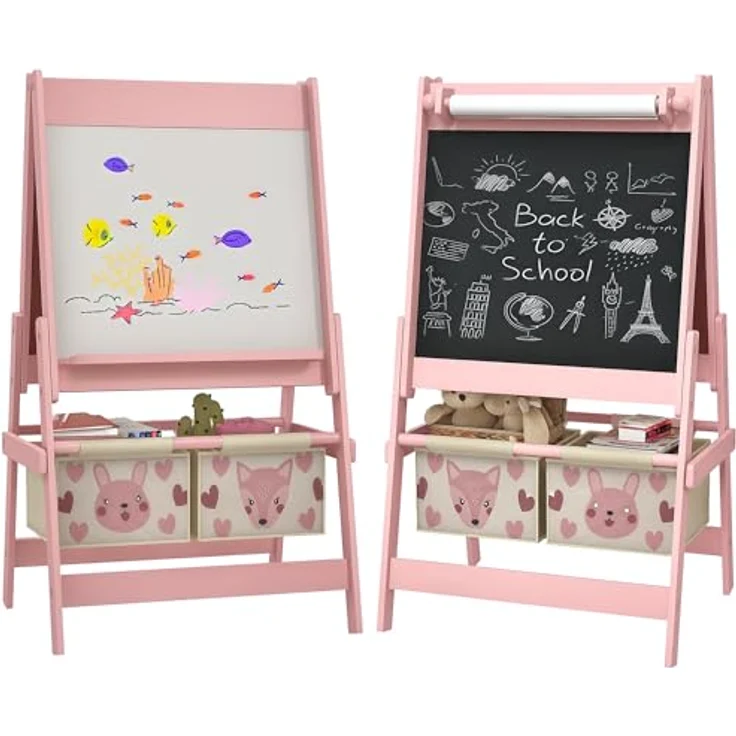 AIYAPLAY Kindertafel, 3 in 1 Staffelei, Doppelseitige Spieltafel mit Aufbewahrungskörben, Rosa, 54 x 46,5 x 93 cm – Bild 1