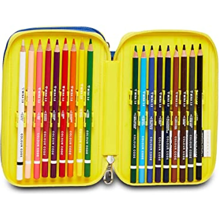 Seven Federmäppchen, mehrfarbiges Etui mit 3 Fächern, inklusive Stiften und Zubehör, XXL, gelb/blau, für Schule und Grundschule – Bild 3