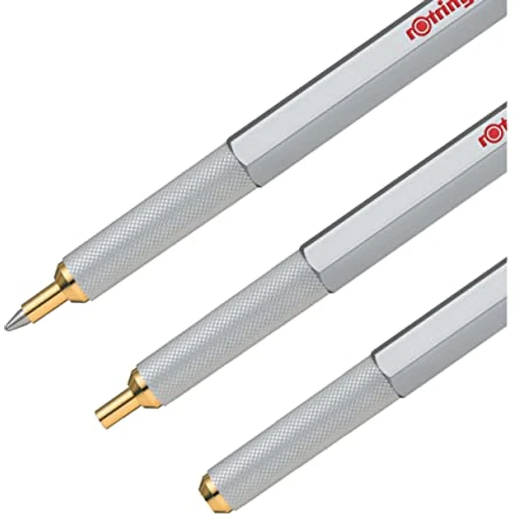 Rotring Kugelschreiber 800, massiver Metallschaft im Sechskant-Design, 24K goldplattierte Zierteile, M-Schwarz, Geschenkbox (Rot, Silber) – Bild 3