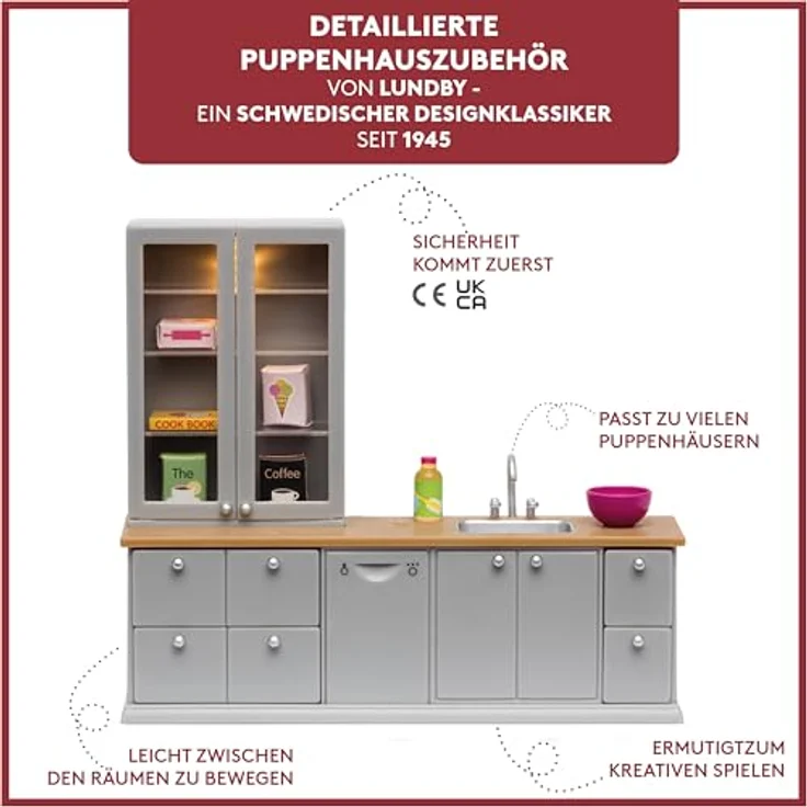 Lundby Puppenhausmöbel Spüle und Spülmaschine im eleganten Grau mit Holzelementen, 8 Teile, inkl. LED-Beleuchtung – Bild 3