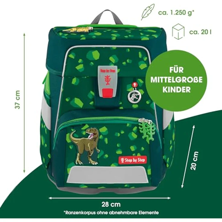 Step by Step Schulranzen-Set Space „Dino Targo“, 5-teilig, ergonomischer Tornister in grün mit Dino-Design, 20L, höhenverstellbar, mit Reflektoren und Hüftgurt für Jungen ab der 1. Klasse – Bild 2