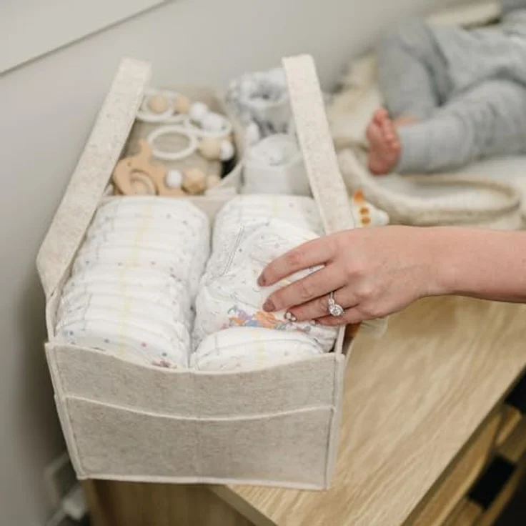 PUTSKA Windelkorb Organizer – Extra großer Aufbewahrungskorb mit 6 Außentaschen und 3 Fächern, Mokka – Bild 4