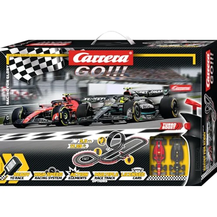 Carrera GO!!! Racing for Glory, Rennbahn-Set mit 5,3 m Strecke und lizensierten Slotcars Lewis Hamilton und Carlos Sainz, für 2 Spieler, ab 6 Jahren – Bild 2