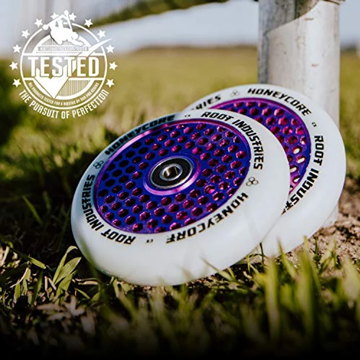 Root Industries Stuntscooter, 2x Honeycore Stunt-Scooter Rollen 110mm, lila/PU weiß, leichtes Aluminium 6061, ABEC 11 Kugellager – Bild 6
