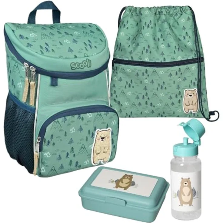 Familando Scooli Mini-Me Kindergarten Rucksack für Jungen und Mädchen | Ergonomischer Vorschulrucksack | 4-TLG. Set mit Brotdose und Trinkflasche | Bobby Bär Blau