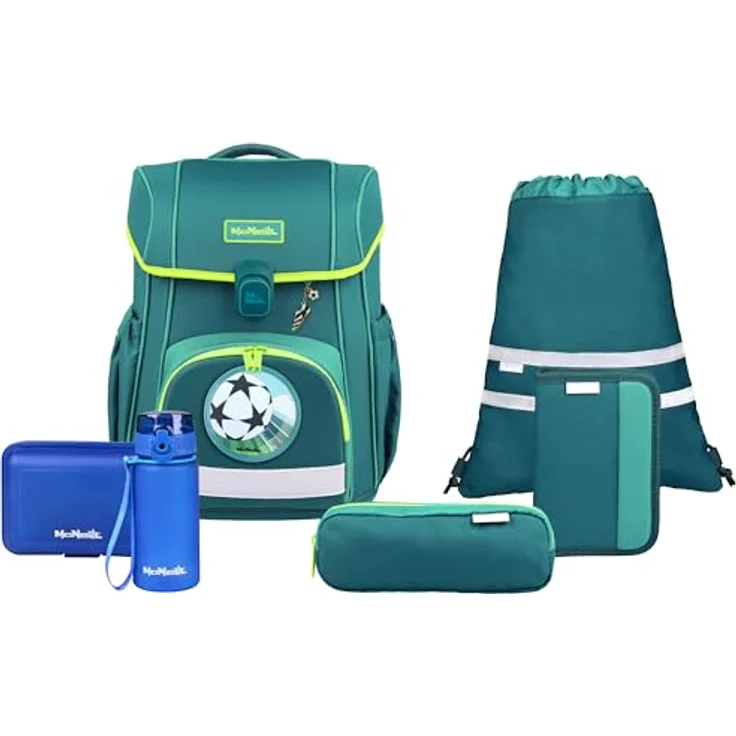 McNeill Schulranzen-Set BRAVO 9tlg., ergonomisch, höhenverstellbar, 21 L Volumen, petrolfarbenes Fußball-Rennwagen-Design – Bild 2