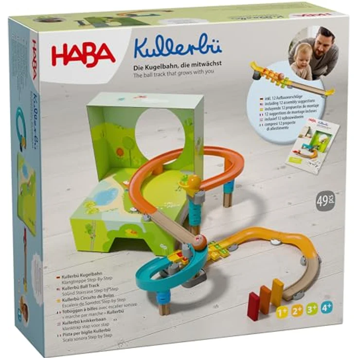 HABA Kullerbü Kugelbahn Klangtreppe Step by Step, Mitwachsendes Spielset mit 47 Teilen, Sound-Effekten und stabilen Klick-System, für Kinder ab 12 Monaten – Bild 1