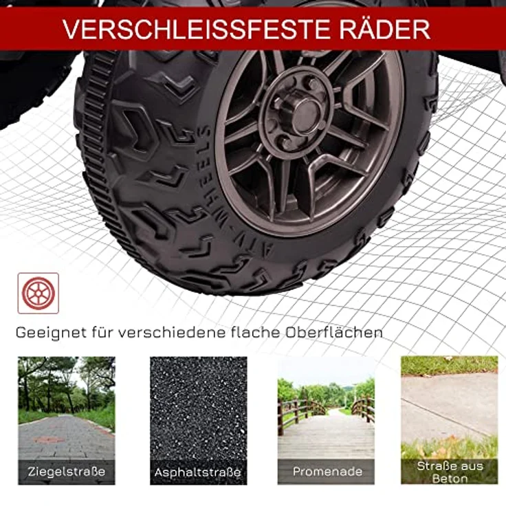 HOMCOM Elektro-Kinderquad max. 4 km/h, Kindermotorrad, LED und Musik, 25 kg Belastbarkeit, Schwarz+Rot – Bild 6
