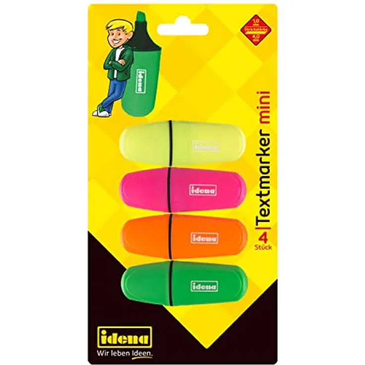Idena 12081 - Textmarker Mini, in 4 Farben, gelb, pink, orange und grün