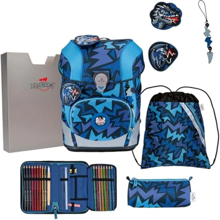 DerDieDas Schulranzen ErgoFlex Tiny Set 6-teilig, ergonomisches Design, mitwachsendes System, Dark Dragon blau, 21L Volumen – Bild 1