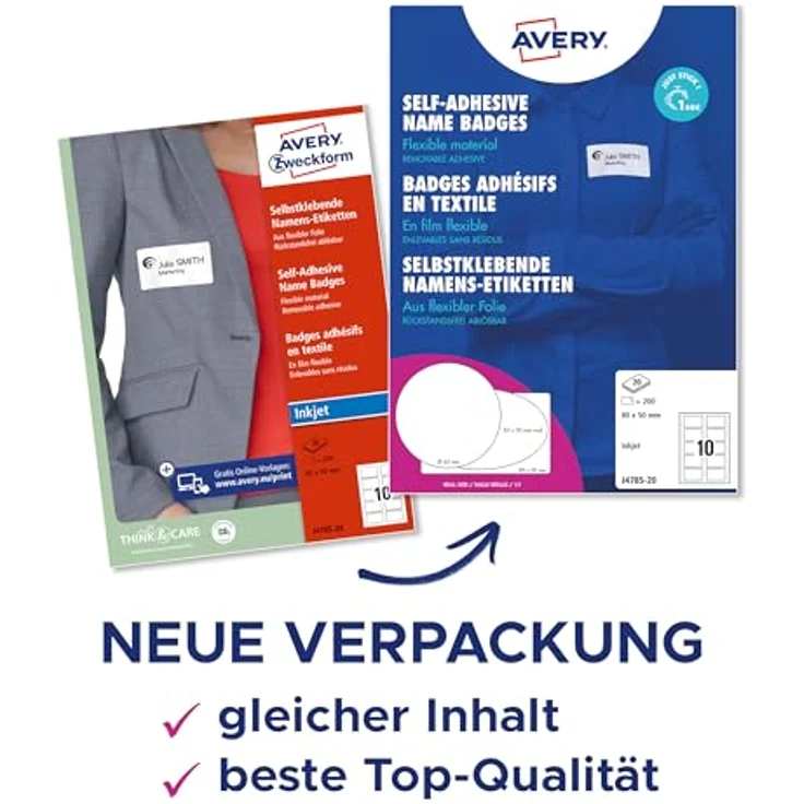 AVERY Zweckform Namensetiketten J4785-20, 200 Stück, weiß, 80,0 x 50,0 mm, bedruckbar, selbstklebend, ablösbar – Bild 3