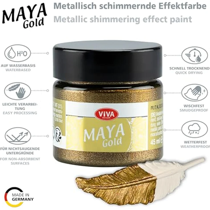 Viva Decor Maya Gold 45ml (Bronze), Metallic-Acrylfarbe für Holz, Glas und Porzellan, stoßfest, wischfest und wetterfest für glänzende Effekte – Bild 3