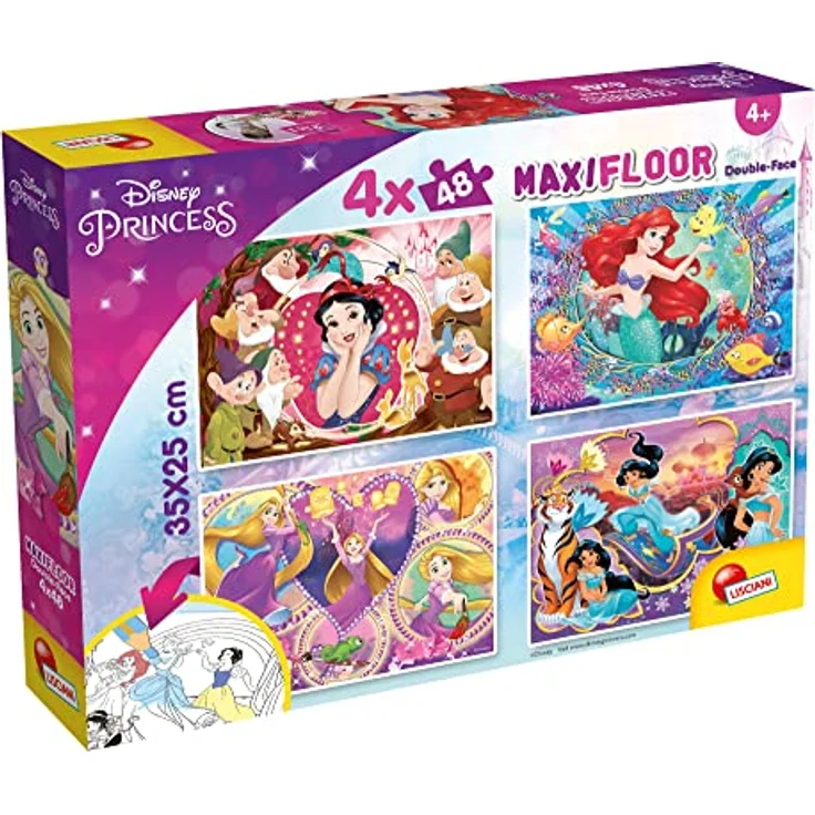 Lisciani Disney Prinzessinnen Puzzle, 4 x 48 Teile, 2 in 1 doppelseitig mit Ausmal-Rückseite, Qualitätsmanufaktur aus Italien, 192 dicke Teile für Kinder ab 3 Jahren – Bild 1
