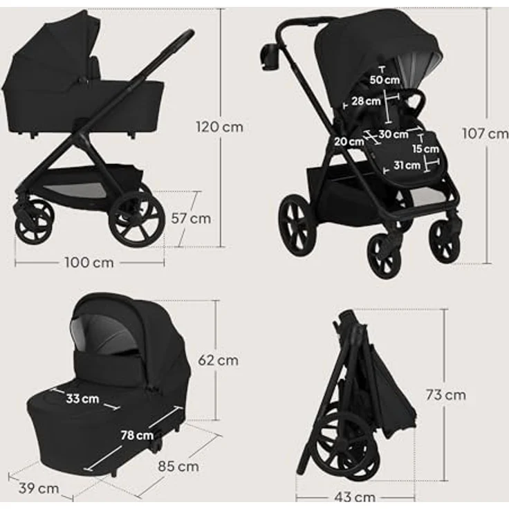 Lionelo Kinderwagen Carmine 3in1, mit Autositz i-Size, Babywanne & Buggy, GravelTech Räder, Federung, UPF50+, Schwarz – Bild 15