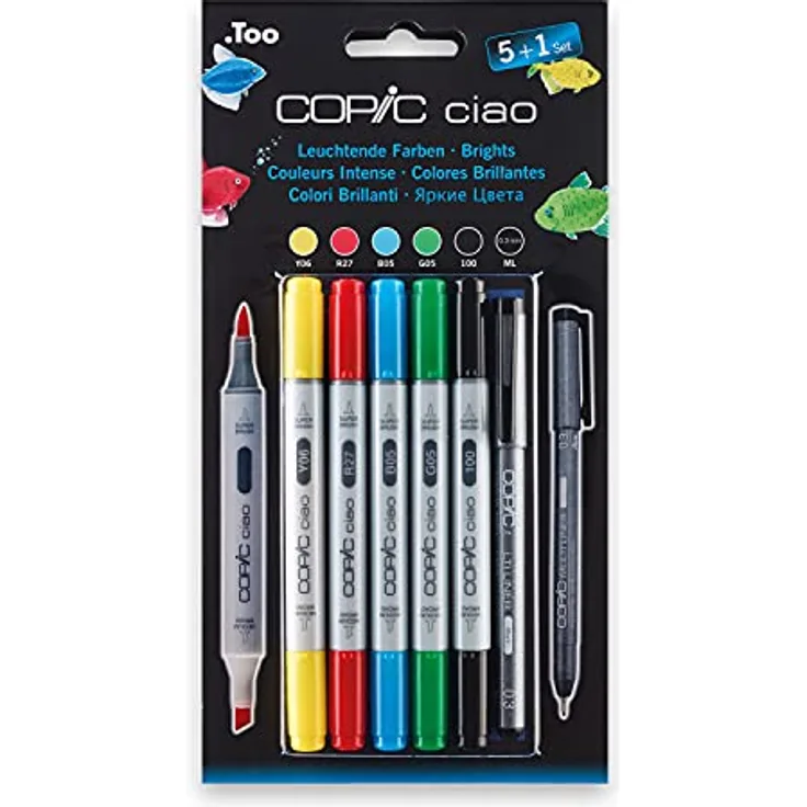 COPIC Ciao Marker 5+1 Set "Leuchtende Farben", 5 alkoholbasierte Allround-Layoutmarker, mit einer mittelbreiten und einer Brush-Spitze, inkl. 1 Multiliner 0,3 mm