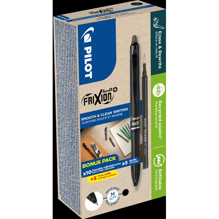 Pilot Frixion Ball Plus+ 0.7, radierbarer Rollerball, schwarz, Greenpack mit 10 Stück + 10 Refills