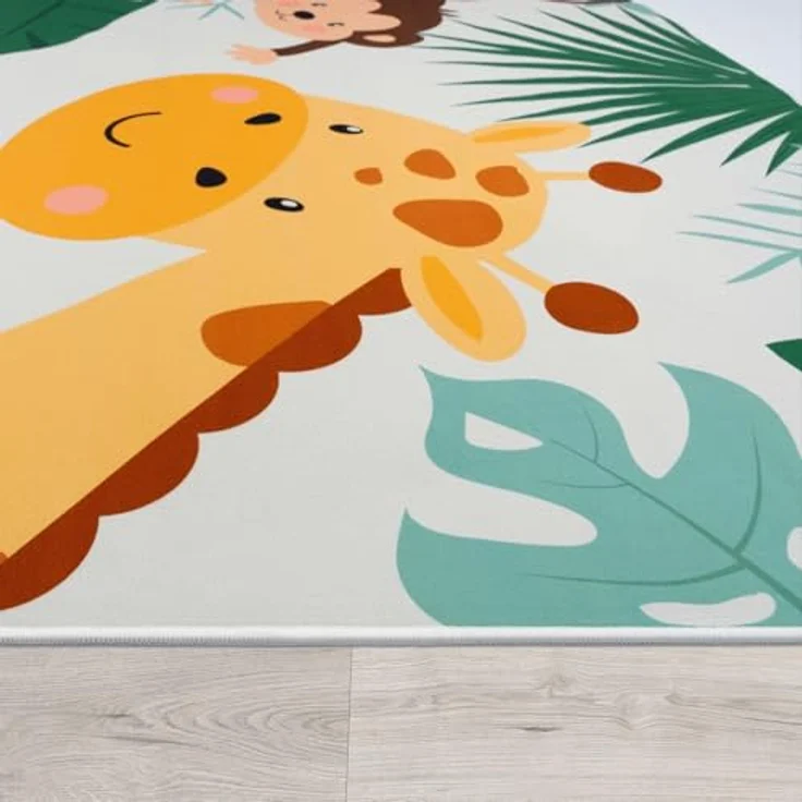 TT Home Kinderteppich, rutschfester Babyzimmerteppich mit Tiere und Weltkarte, grün-beige-blau, 80x150 cm, 100% Polyester – Bild 2