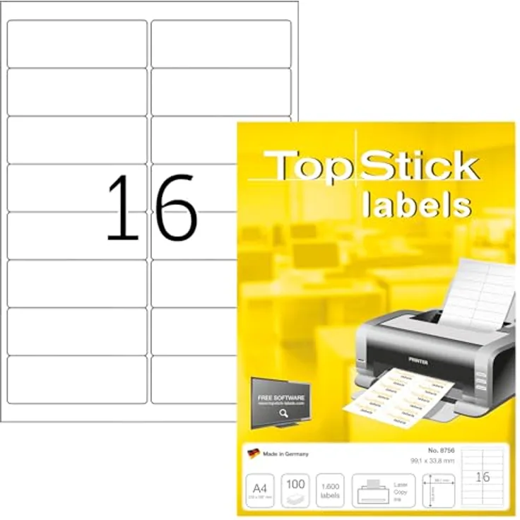 TopStick 8756 Adressetiketten, 16000 Stück, selbstklebend, bedruckbar, matt, blanko, 99,1 x 33,8 mm, weiß