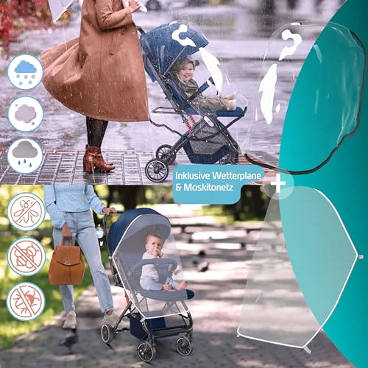 Kidiz Kinderbuggy 360° Räder Liegebuggy mit Fußsack, Getränkehalter, Regenabdeckung & Moskitonetz - verstellbare Rückenlehne & Sonnenverdeck – Bild 4