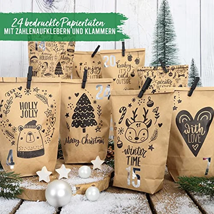 PAPIERDRACHEN Extravaganter Adventskalender zum Befüllen - mit 24 braunen Geschenktüten und 24 Zahlenaufklebern - Motiv Kindermotiv 1 - zum Basteln und Verschenken - Weihnachten & Advent – Bild 2