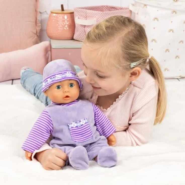 Bayer Babypuppe First Words Baby, 38 cm, lila, mit Schlafaugen und 24 Babygeräuschen, 3-tlg. Set mit Flasche und Schnuller – Bild 6