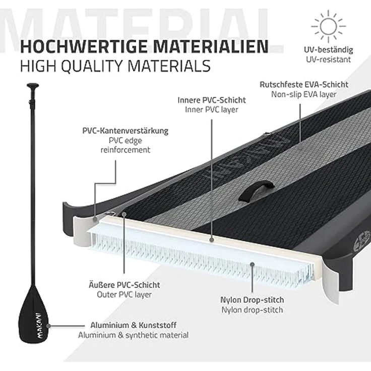 ECD Germany Aufblasbares Stand Up Paddle Board Makani | 320x82x15 cm | Schwarz | PVC | bis 150 kg | Pumpe Tragetasche Zubehör – Bild 5