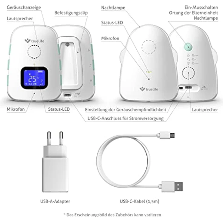 TrueLife Babyphone NannyTone VM3, Reichweite bis 300 m in Gebäuden, 2-tlg. Set, Bidirektionale Signalübertragung, Langlebige wiederaufladbare Batterie – Bild 8