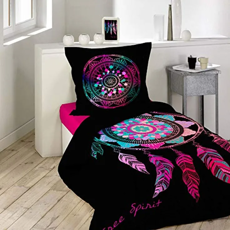 Dynamic24 2tlg. Wende-Bettwäsche 140x200cm Traumfänger 100% Baumwolle Bettdecke Bett Bezug Decke schwarz bunt modern und pflegeleicht