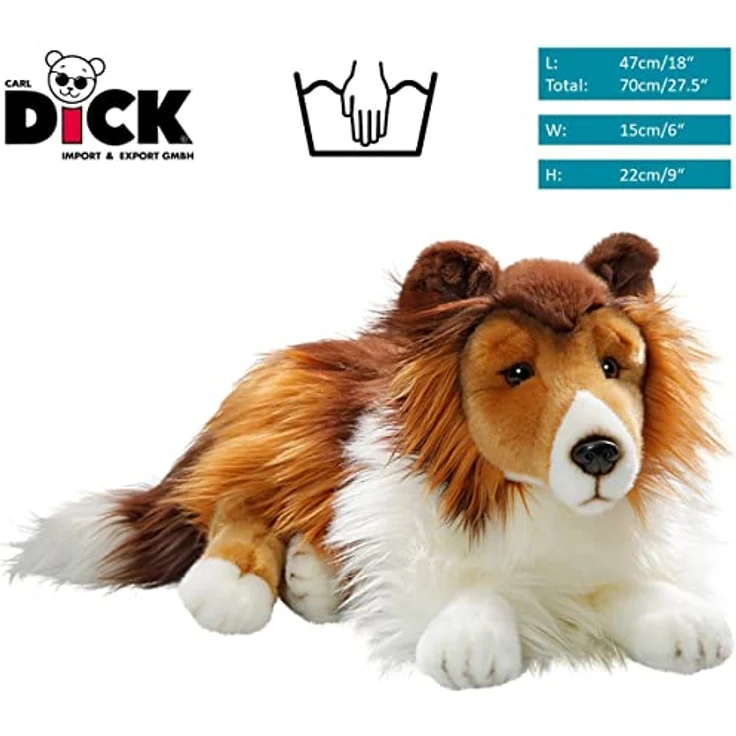 Carl Dick Collie liegend, Hund, Plüschtier, Kuscheltier, ca. 44cm 3551, Langhaar Collie in Hellbraun/Dunkelbraun/Weiß, antiallergisch und schwer entflammbar – Bild 2