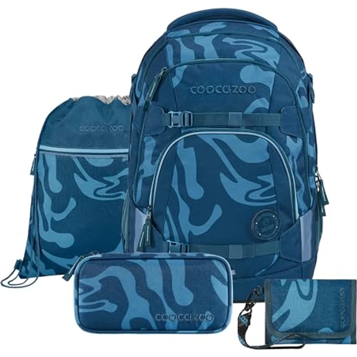 Coocazoo Schulrucksack-Set Mate „Breaking Waves“, ergonomischer 30L Tornister mit Hüftgurt, höhenverstellbar, blau, inkl. Federmäppchen, Turnbeutel und Geldbörse – Bild 1