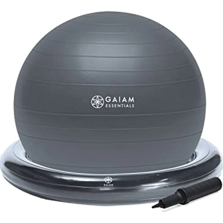 Gaiam Essentials Balance Ball & Base Kit, 65 cm Yoga Ball Stuhl, Gymnastikball mit aufblasbarer Ringbasis für Zuhause oder Büro, inkl. Luftpumpe, Grau