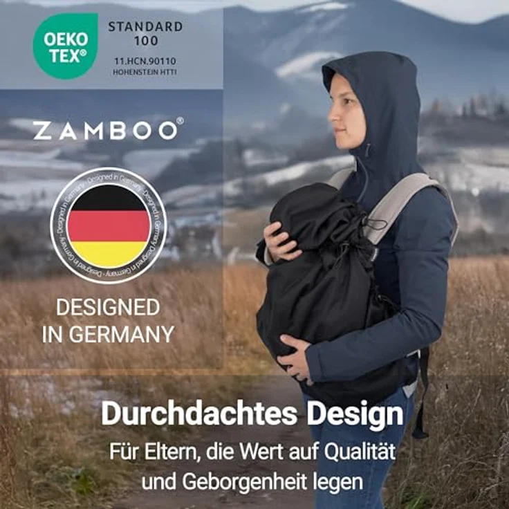 Zamboo Universal Babytrage Cover, warmer Fleece Wetterschutz für Bauchtragen, kompatibel mit Ergobaby & Manduca, OEKO-TEX Standard 100, Schwarz – Bild 2