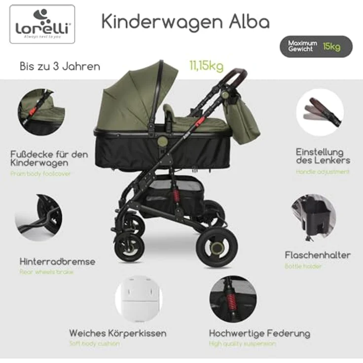 Lorelli Kinderwagen Alba 2 in 1, Liegebuggy umwandelbar in Sportsitz bis 15kg, grün – Bild 2
