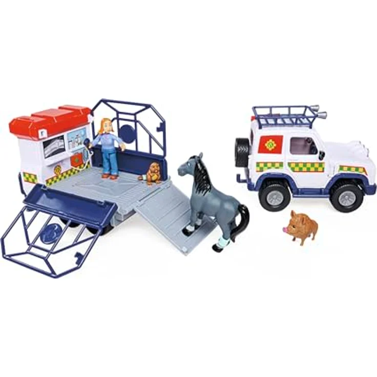 Simba Feuerwehrmann Sam Tierrettung mit Anhänger, 34 cm Spielzeugauto mit Licht und zahlreichen Zubehörteilen – Bild 4