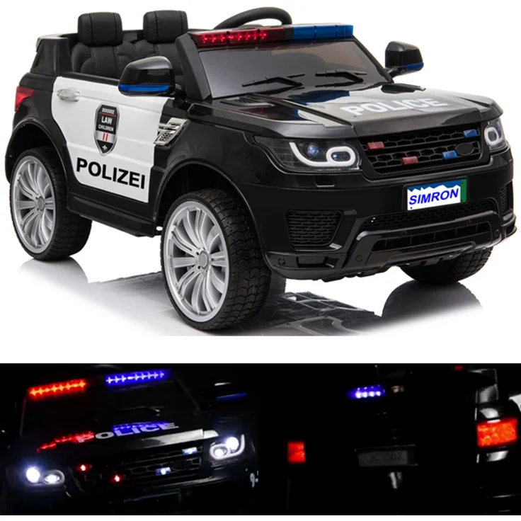 SIMRON POLIZEI Kinderauto Polizeiauto mit Funkgerät Sirene und Martinshorn Bluetooth Kinderfahrzeug Kinder Elektroauto Gefedert Hilfsrollen
