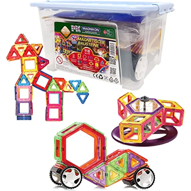 MK MAGNIKON Magnetische Bausteine Der Baumeister, Magnetbau-Set 118-teilig - Montessori Spielzeug ab 3 Jahre, Magnetbausteine