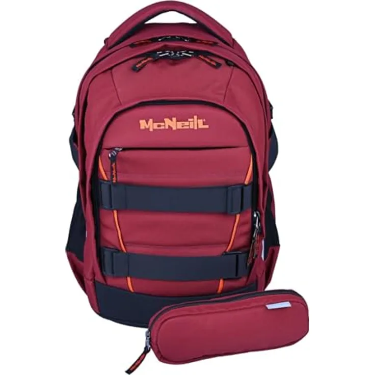 McNeill Schulranzen Luca 2.0, 2-tlg. Set in bordeaux-orange mit 3 Hauptfächern und ergonomischem Rückensystem, 28 l Volumen